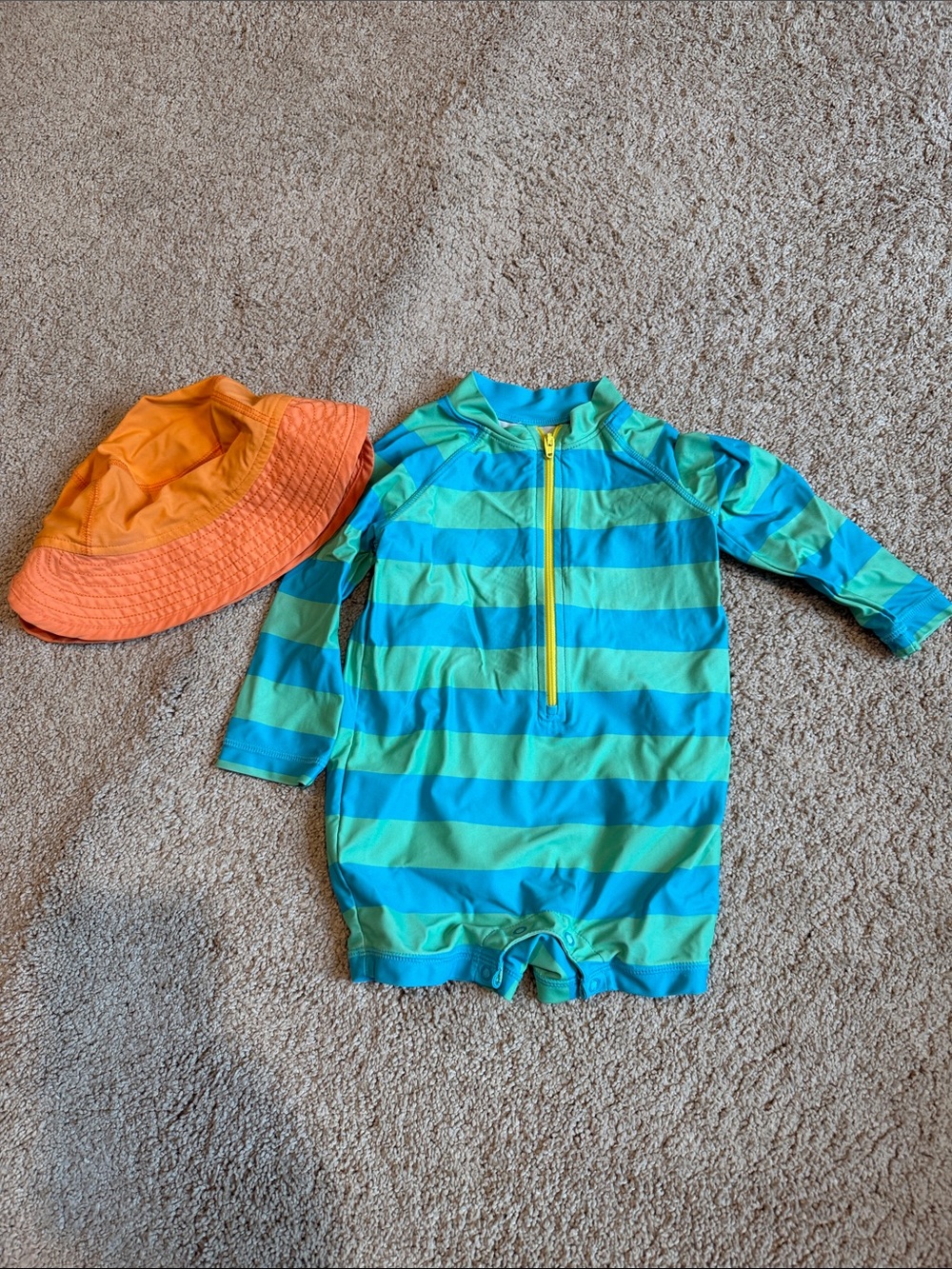 Primary baby Blue & Green Striped Long-Sleeve Rash Guard Swim Suit and hat